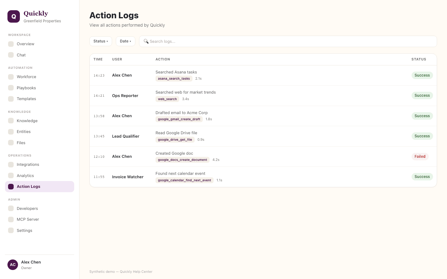 Action Logs screenshot